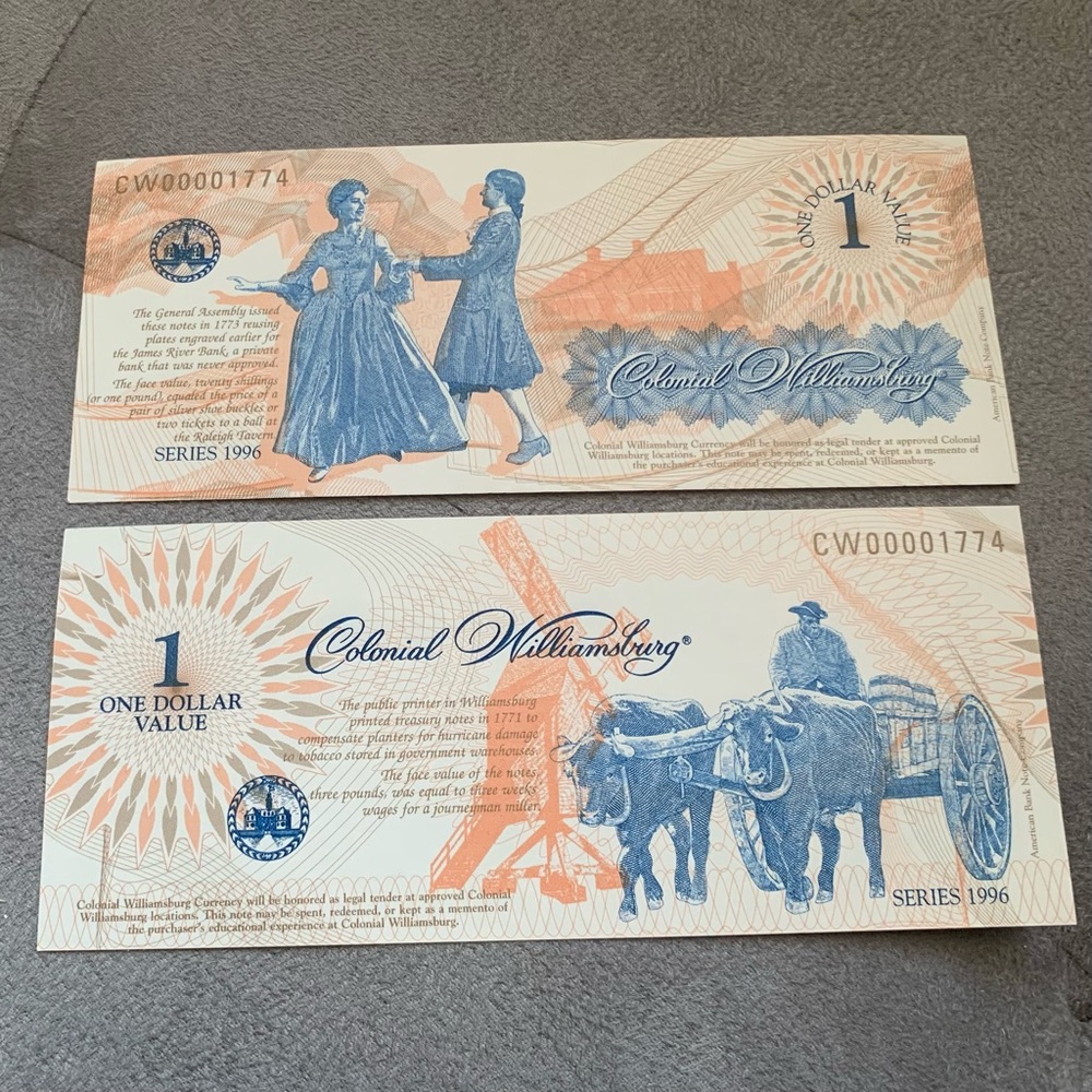 VTG Colonial
Williamsburg Bundle of 10
One Dollar Bills 1996 in Orig Pamphlet - Picture 7 of 16